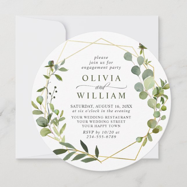 Modern Eucalyptus Geometric Frame ENGAGEMENT PARTY Invitation (Front)