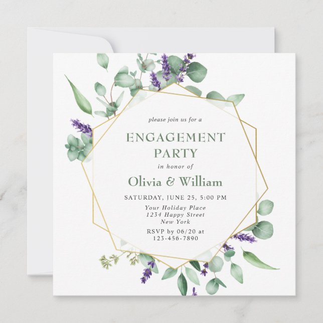 Modern Eucalyptus Geometric Frame ENGAGEMENT PARTY Invitation (Front)