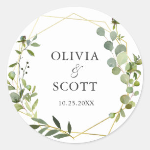 Modern Eucalyptus Geometric Frame Floral Wedding Classic Round Sticker