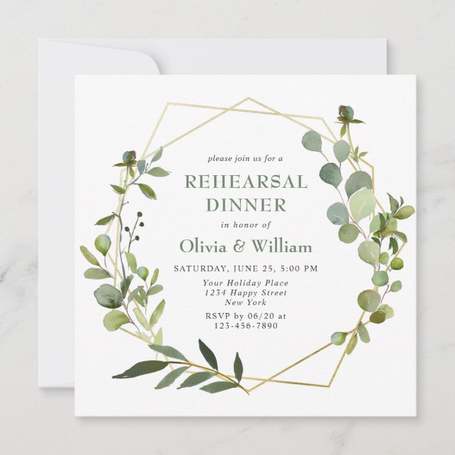 Modern Eucalyptus Geometric Frame REHEARSAL DINNER Invitation (Front)