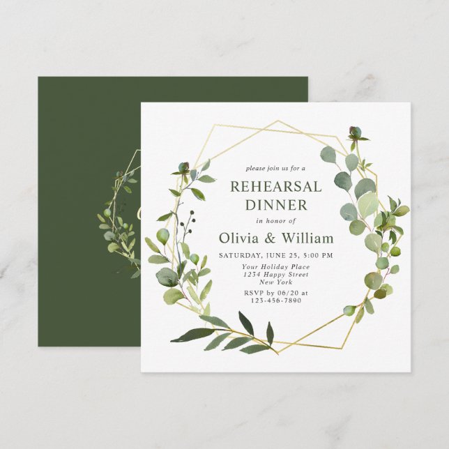 Modern Eucalyptus Geometric Frame REHEARSAL DINNER Invitation (Front/Back)