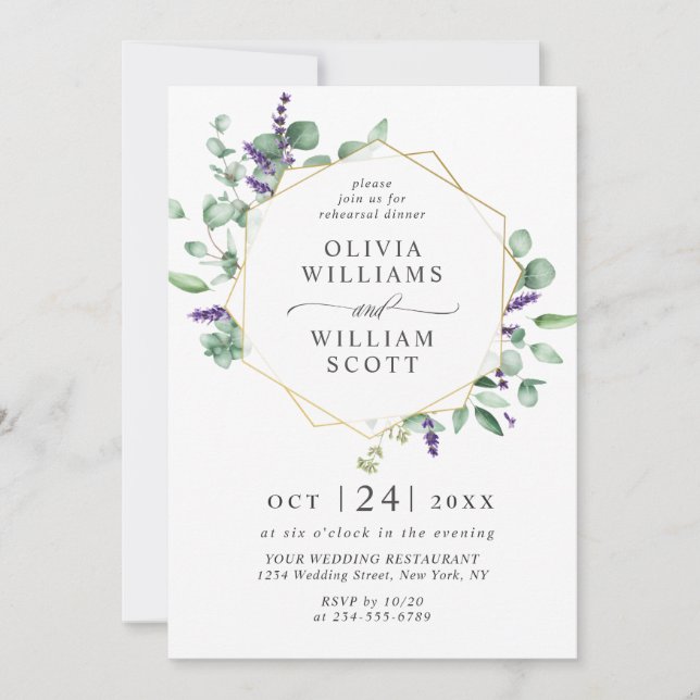 Modern Eucalyptus Geometric Frame REHEARSAL DINNER Invitation (Front)