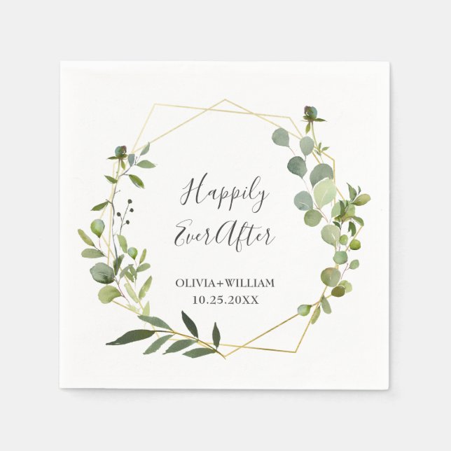 Modern Eucalyptus Geometric Frame Wedding Paper Napkin (Front)