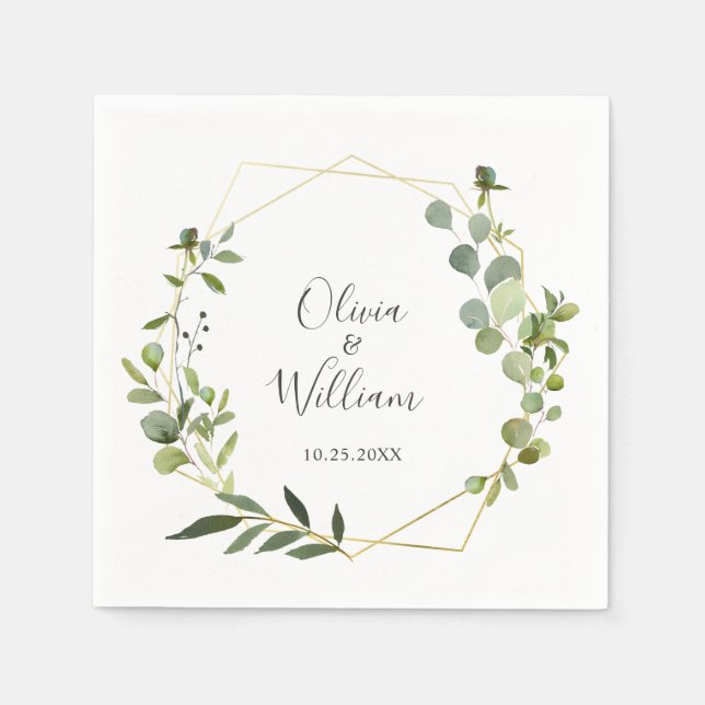Modern Eucalyptus Geometric Frame Wedding Paper Napkin (Front)