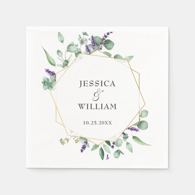 Modern Eucalyptus Geometric Frame Wedding Paper Napkin (Front)