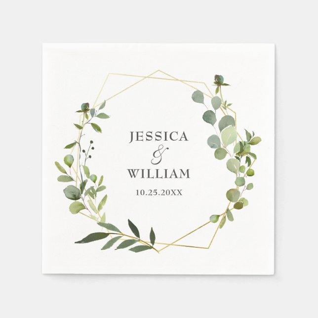 Modern Eucalyptus Geometric Frame Wedding Paper Napkin (Front)