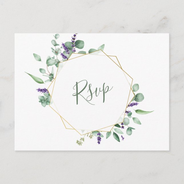 Modern Eucalyptus Geometric Frame Wedding RSVP Postcard (Front)