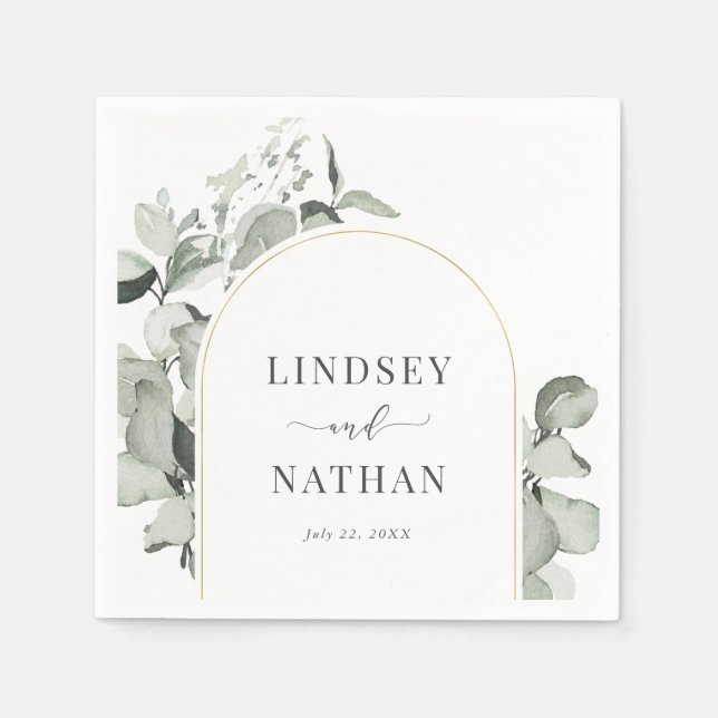 Modern Eucalyptus Gold Arch Wedding Napkin (Front)