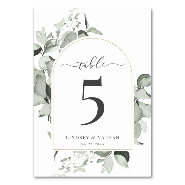 Modern Eucalyptus Gold Arch Wedding Table Number (Front)