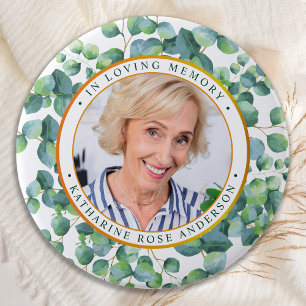 Modern Eucalyptus Gold Photo Funeral Memorial 7.5 Cm Round Badge