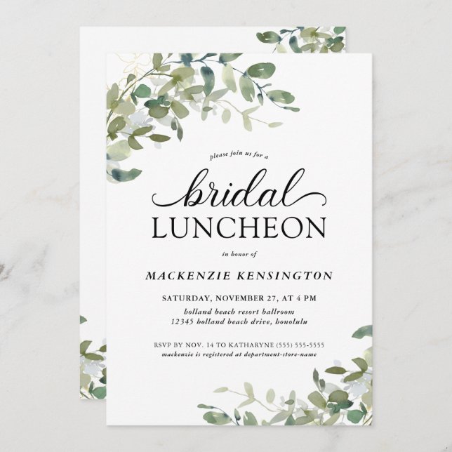 Modern Eucalyptus Green Bridal Luncheon Invitation (Front/Back)