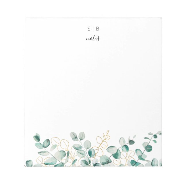 Modern Eucalyptus Green Gold Custom Monogram Notepad (Front)