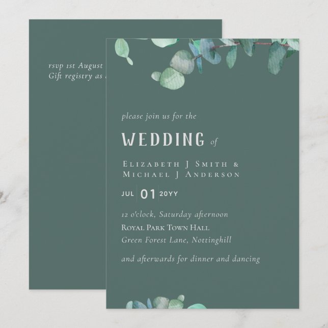 Modern Eucalyptus GREEN Wedding Invitation (Front/Back)