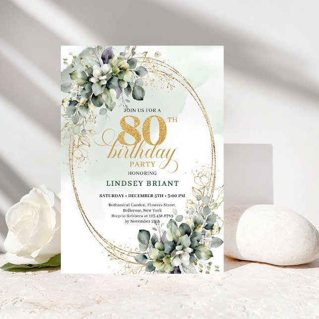 Modern Eucalyptus Greenery 80th Birthday Invite (Modern Eucalyptus Greenery 80th Birthday Invite)