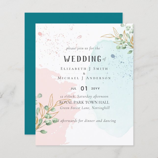 Modern Eucalyptus Greenery Blue Pink Wedding (Front/Back)