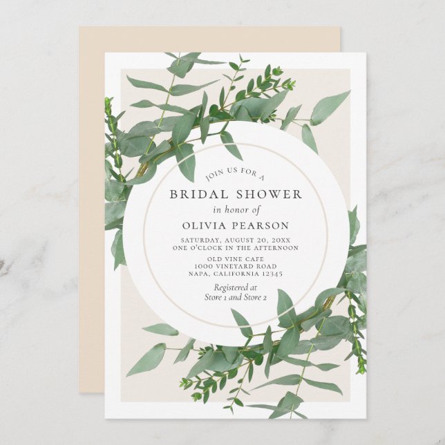 Modern Eucalyptus Greenery Circle Bridal Shower Invitation (Front/Back)