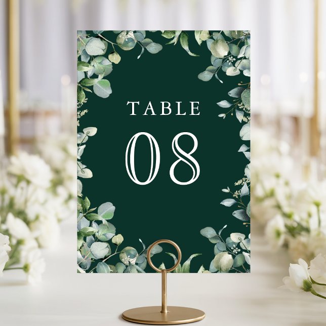 Modern Eucalyptus Greenery Emerald Green Wedding Table Number (Creator Uploaded)