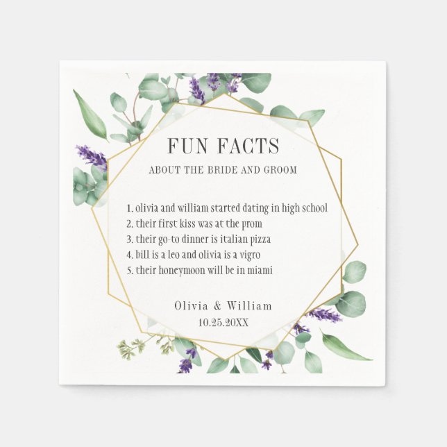 Modern Eucalyptus Greenery Fun Facts Wedding Napkin (Front)