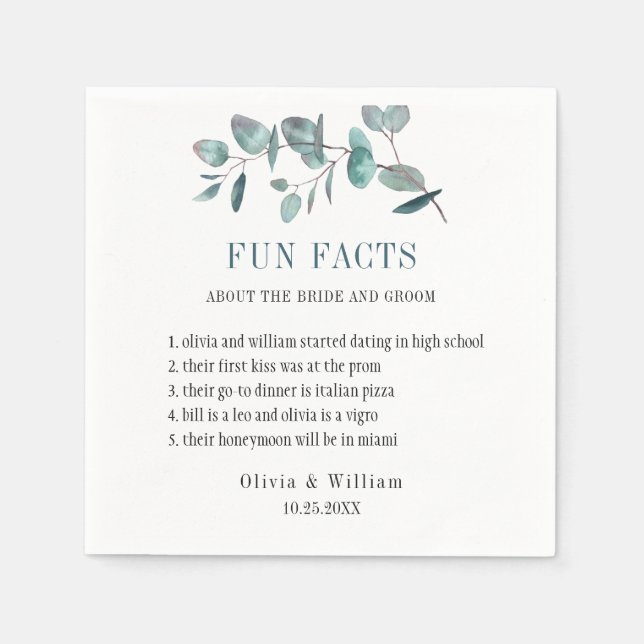 Modern Eucalyptus Greenery Fun Facts Wedding Napkin (Front)
