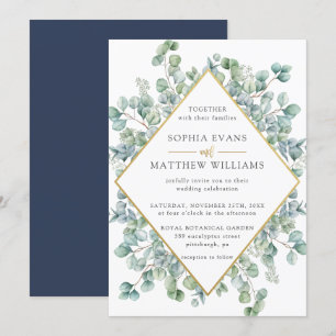 Modern Eucalyptus Greenery Gold Frame Wedding Invitation