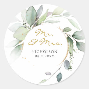 Modern Eucalyptus Greenery Gold Mr. & Mrs. Classic Round Sticker