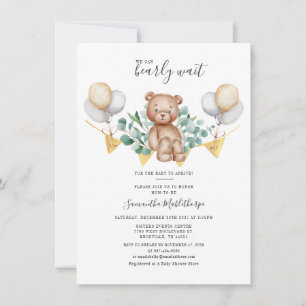 Modern Eucalyptus Greenery Leaves Bear Baby Shower Invitation
