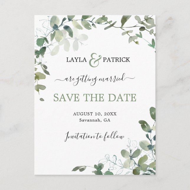 Modern Eucalyptus Greenery Save The Date Postcard (Front)