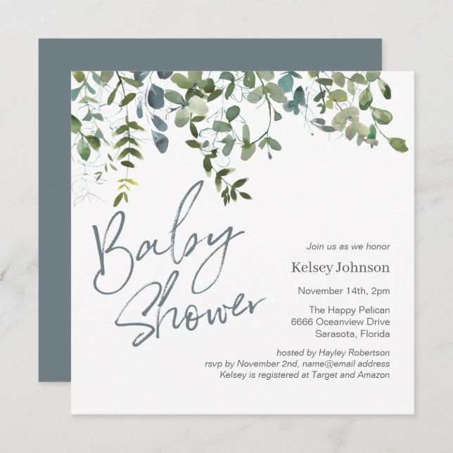 Modern Eucalyptus Greenery Script Baby Shower Invitation (Front/Back)