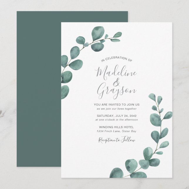 Modern Eucalyptus Greenery Script Wedding Invitation (Front/Back)