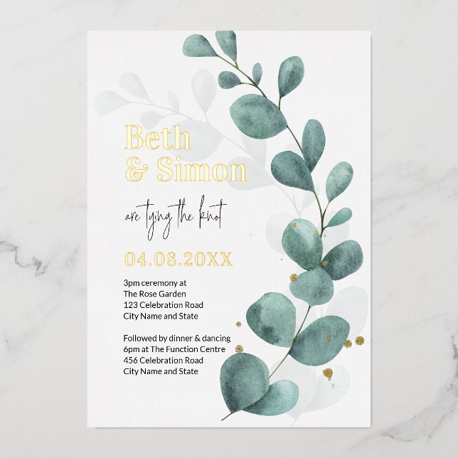 Modern Eucalyptus Greenery Watercolor Wedding Gold (Front)