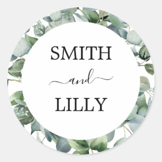 modern eucalyptus greenery wedding classic round sticker
