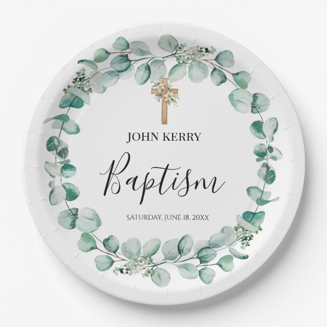 modern eucalyptus greenery wedding paper plate (Front)