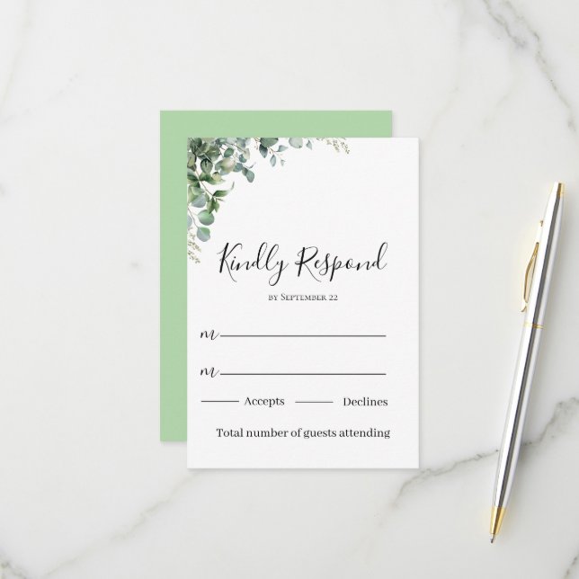 modern eucalyptus greenery wedding RSVP card (Front/Back In Situ)