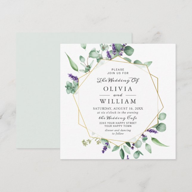 Modern Eucalyptus Lavender Geometric Frame Wedding Invitation (Front/Back)