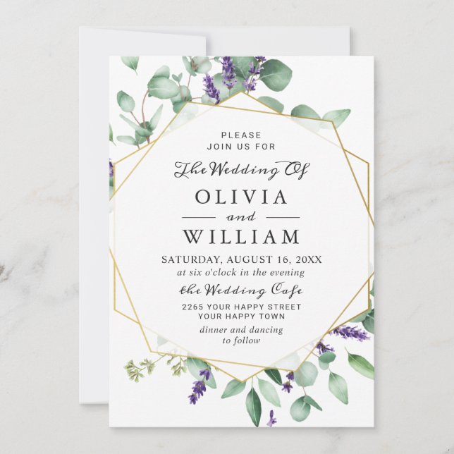 Modern Eucalyptus Lavender Geometric Frame Wedding Invitation (Front)