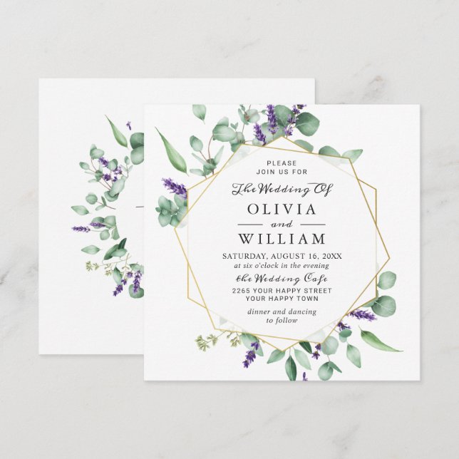 Modern Eucalyptus Lavender Geometric Frame Wedding Invitation (Front/Back)