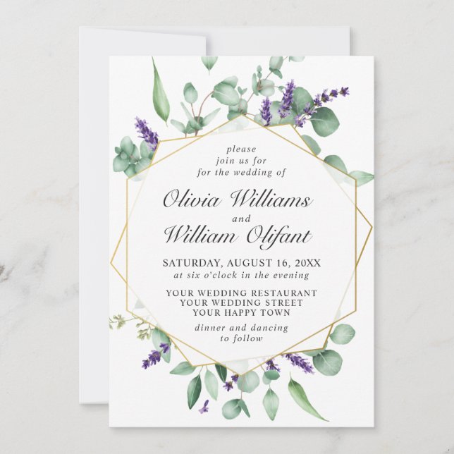Modern Eucalyptus Lavender Geometric Frame Wedding Invitation (Front)
