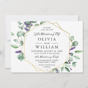 Modern Eucalyptus Lavender Geometric Frame Wedding Invitation