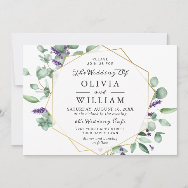 Modern Eucalyptus Lavender Geometric Frame Wedding Invitation (Front)