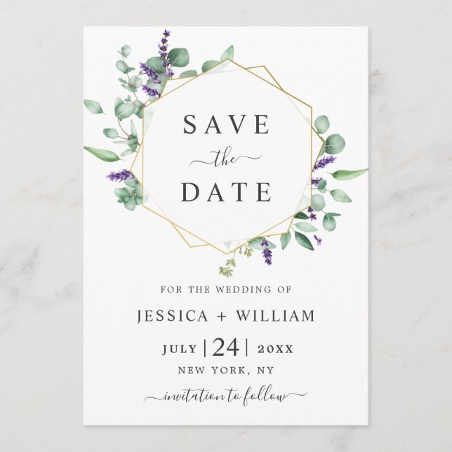 Modern Eucalyptus Lavender Geometric Frame Wedding Save The Date (Front)