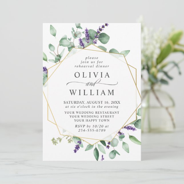 Modern Eucalyptus Lavender  REHEARSAL DINNER Invitation (Standing Front)
