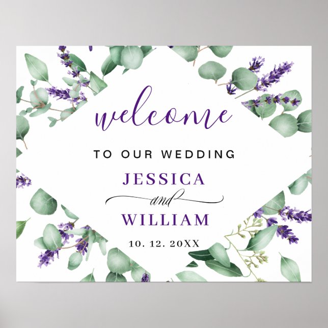 Modern Eucalyptus Lavender WEDDING Welcome Sign (Front)