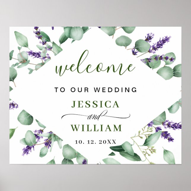 Modern Eucalyptus Lavender WEDDING Welcome Sign (Front)