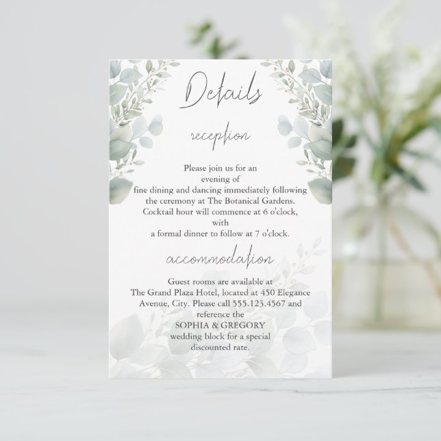 Modern Eucalyptus Leaf Wedding Details Insert Card (Standing Front)