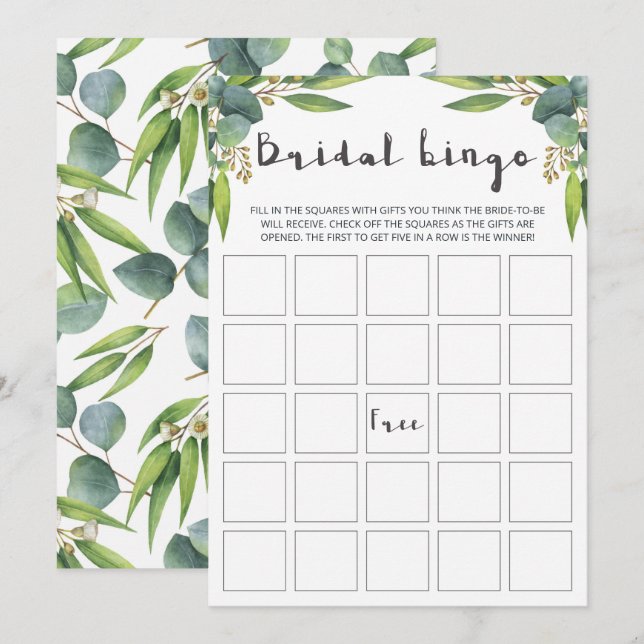 Modern Eucalyptus Leaves Bridal Bingo Cards (Front/Back)