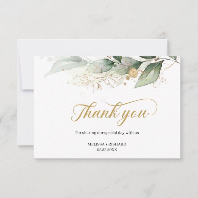 Modern eucalyptus leaves gold wedding thank you (Front)