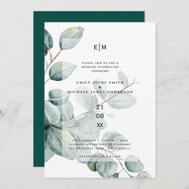 Modern Eucalyptus Leaves Greenery Wedding Invites (Front/Back)