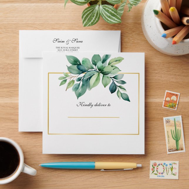 Modern Eucalyptus Leaves QR code Muslim Wedding  Envelope (Desk)