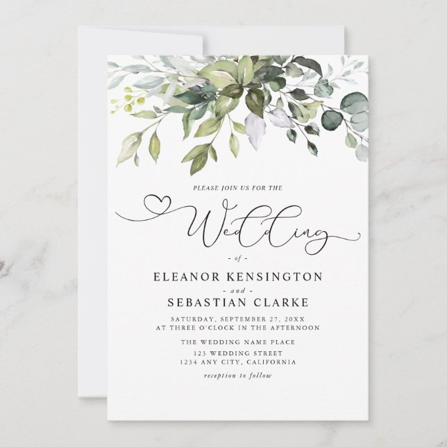 Modern Eucalyptus Leaves Whimsical Script Wedding  Invitation (Front)