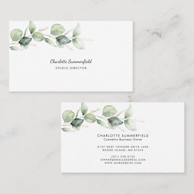 Modern Eucalyptus Minimalist Elegant Script Business Card (Front/Back)
